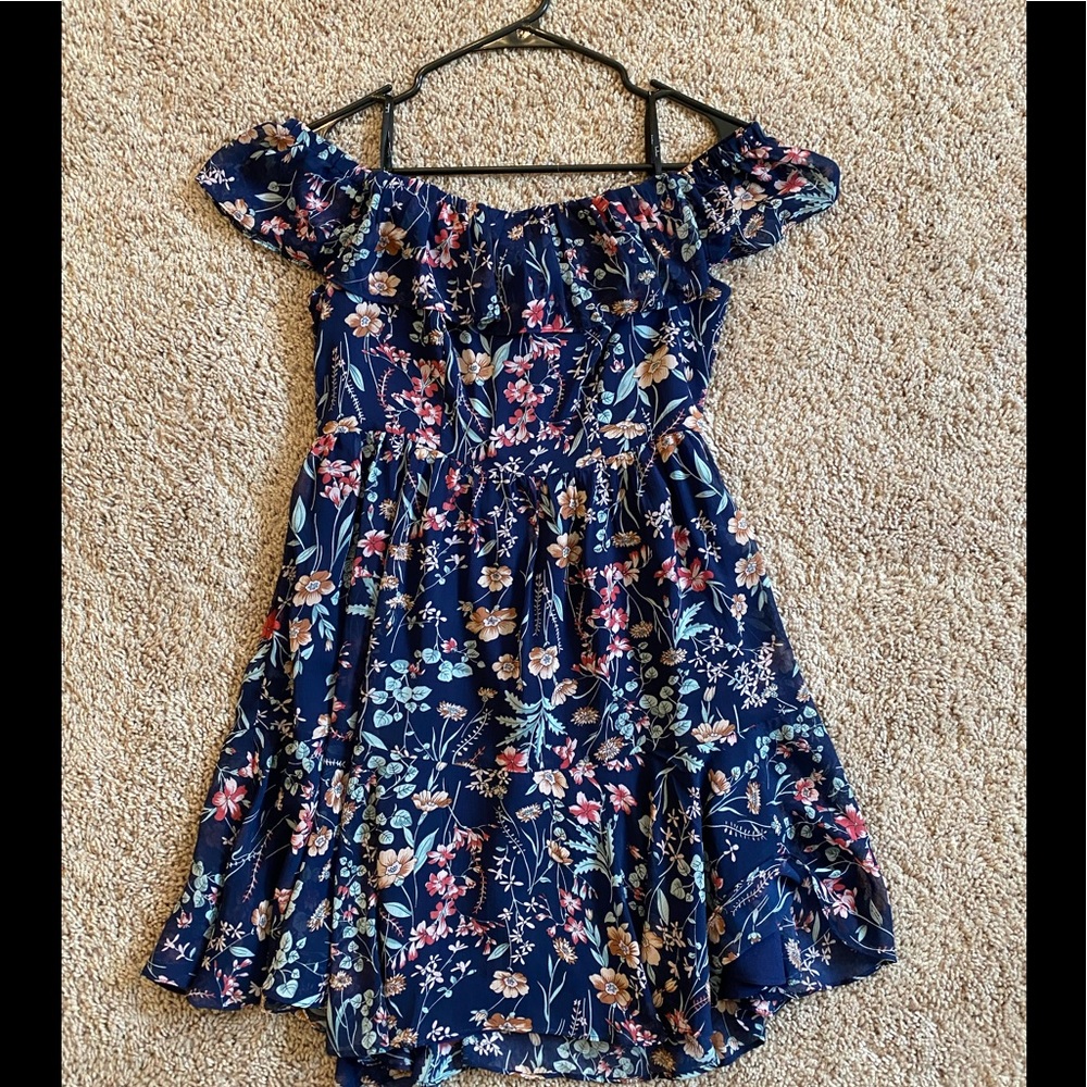 Lulus off the shoulder floral chiffon mini dress